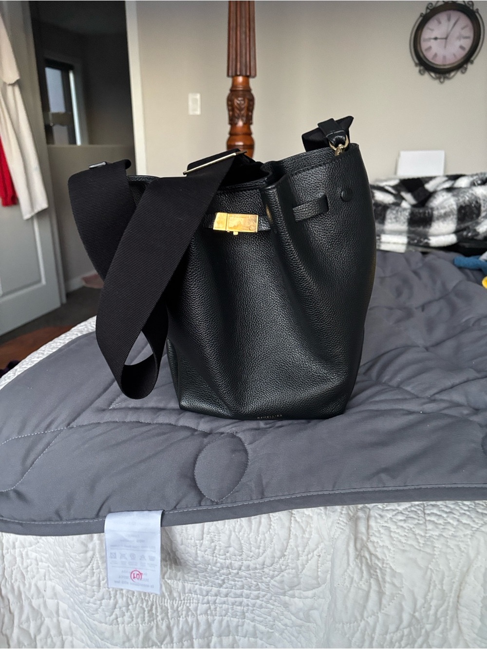 DeMellier Black Pebbled Leather Mini Bucket Bag with Gold Hardware